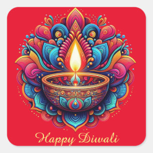 Sticker Carré Joyeux Diwali Colorful Diya Festival du rouge clai