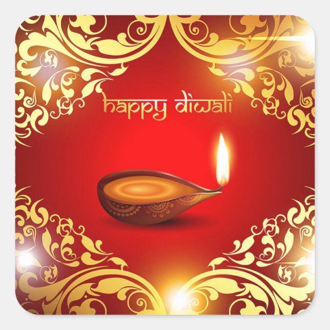 Sticker Carré Joyeux Diwali Diya Festival of Light Gold Red (Devant)