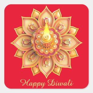 Sticker Carré Joyeux Diwali Diya Festival of Light Gold Red