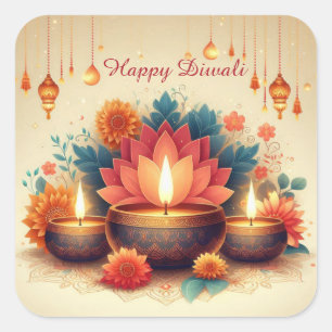 Sticker Carré Joyeux Diwali Diya Lotus Festival Floral Lumière