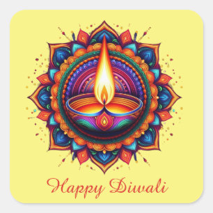 Sticker Carré Joyeux Diwali Mandala Diya Festival de Jaune clair