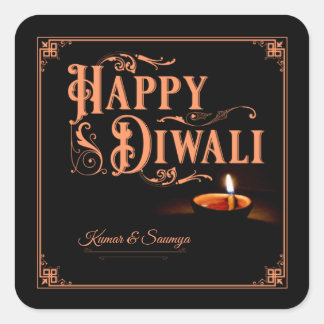 Sticker Carré Joyeux Diwali Noir et Orange Personnalisable