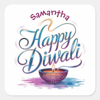 Sticker Carré Joyeux Diwali personnalisable blanc