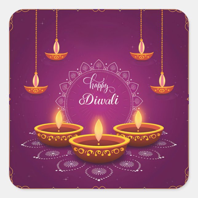 Sticker Carré Joyeux Diwali Rangoli Diya Festival de lumière vio (Devant)