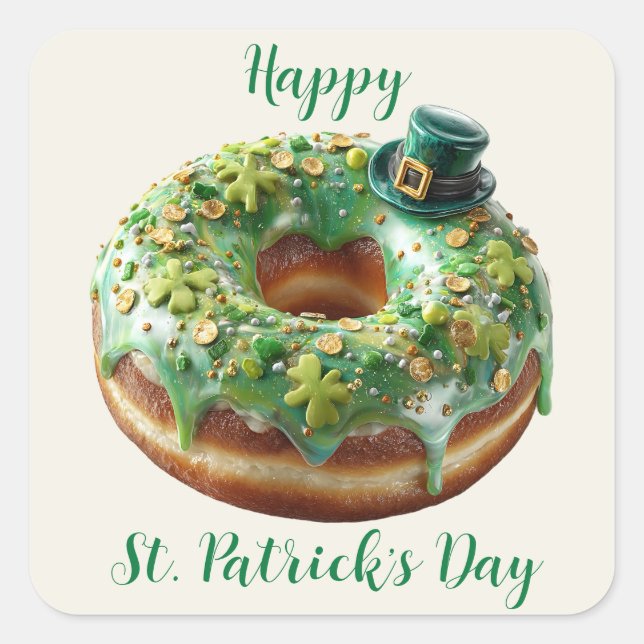 Sticker Carré Joyeux donut de la Saint-Patrick avec chapeau de l (Devant)