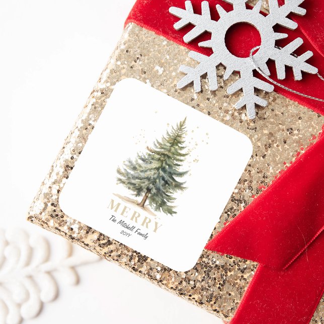 Sticker Carré Joyeux Elégant Aquarelle Pin de Noël Arbre (Créateur téléchargé)