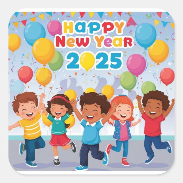 Sticker Carré Joyeux enfants dansant pour le Nouvel An 2025 🎉 (Devant)