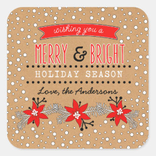 Sticker Carré Joyeux et brillant Noël. Papier Floral Kraft