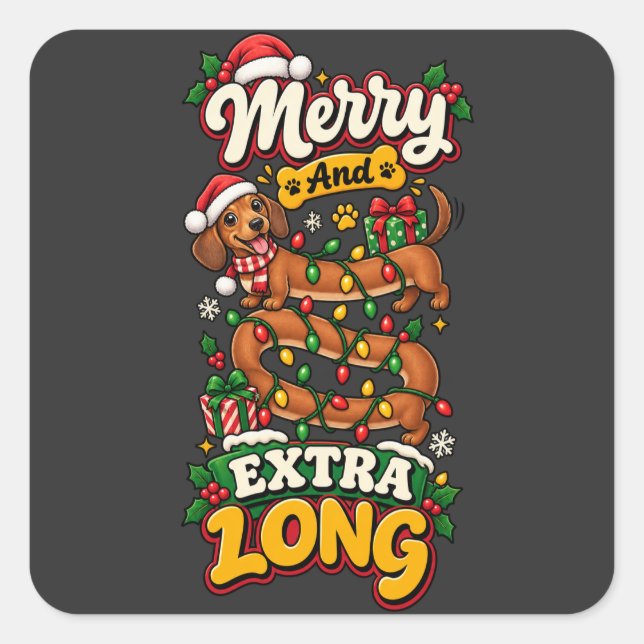 Sticker Carré Joyeux Et Extra Long Noël De Dachshund Drôle De Do (Devant)