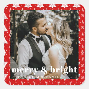 Sticker Carré joyeux et lumineux noël arbre couple photo rouge