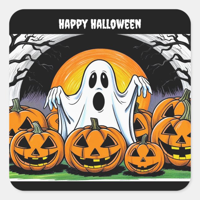 Sticker Carré Joyeux fantôme d'Halloween (Devant)