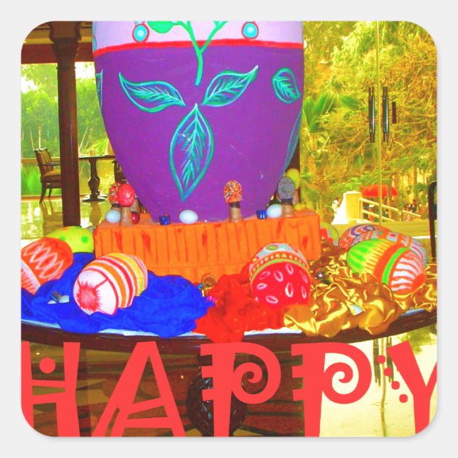 Sticker Carré Joyeux Festival Printemps Pâques OEufs colorés Art (Devant)