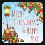 Sticker Carré Joyeux feu de rue Christmas Street et couronne de<br><div class="desc">Joyeux Noël et Joyeux Nouvel An Pine Wreath,  ornementations Vacances autocollants.</div>