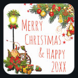 Sticker Carré Joyeux feu de rue Christmas Street et couronne de<br><div class="desc">Joyeux Noël et Joyeux Nouvel An Pine Wreath,  ornementations Vacances autocollants.</div>