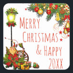Sticker Carré Joyeux feu de rue Christmas Street et couronne de<br><div class="desc">Joyeux Noël et Joyeux Nouvel An Pine Wreath,  ornementations Vacances autocollants.</div>