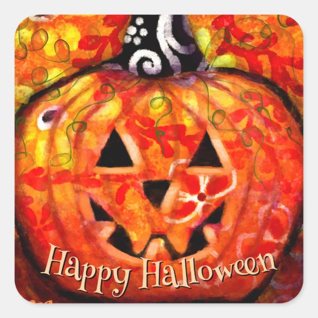 Sticker Carré Joyeux Halloween Abstrait Jack-o'-lantern Citrouil (Devant)
