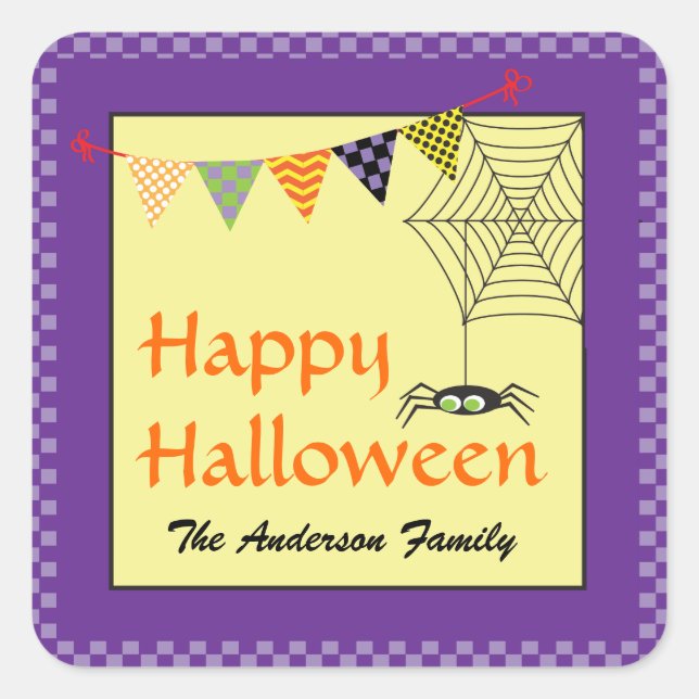 Sticker Carré Joyeux Halloween Araignée Ajouter un nom (Devant)