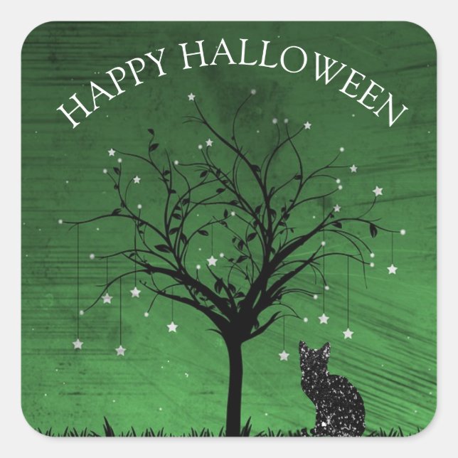 Sticker Carré Joyeux Halloween Chat noir Twinkling Star Tree (Devant)