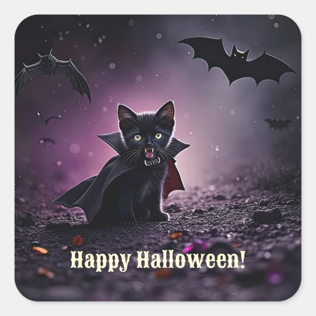 Sticker Carré Joyeux Halloween Chat Noir Vampire Mignon (Devant)