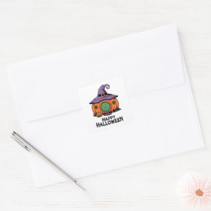 Sticker Carré Joyeux Halloween Cottage Citrouille & Toit Chapeau