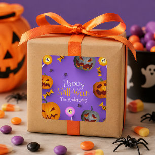 Sticker Carré Joyeux Halloween Enfants Favori Citrouilles Violet