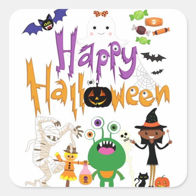 Sticker Carré Joyeux Halloween Enfants mignonnes et Éffrayants (Devant)