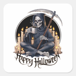Sticker Carré Joyeux Halloween et un squelette