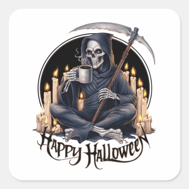 Sticker Carré Joyeux Halloween et un squelette (Devant)