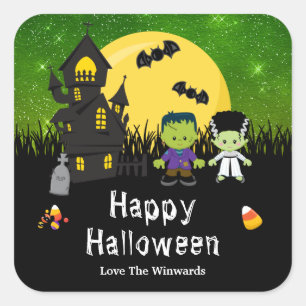 Sticker Carré Joyeux Halloween Monstres Green