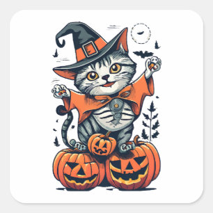Sticker Carré Joyeux Halloween Sorcière Chat