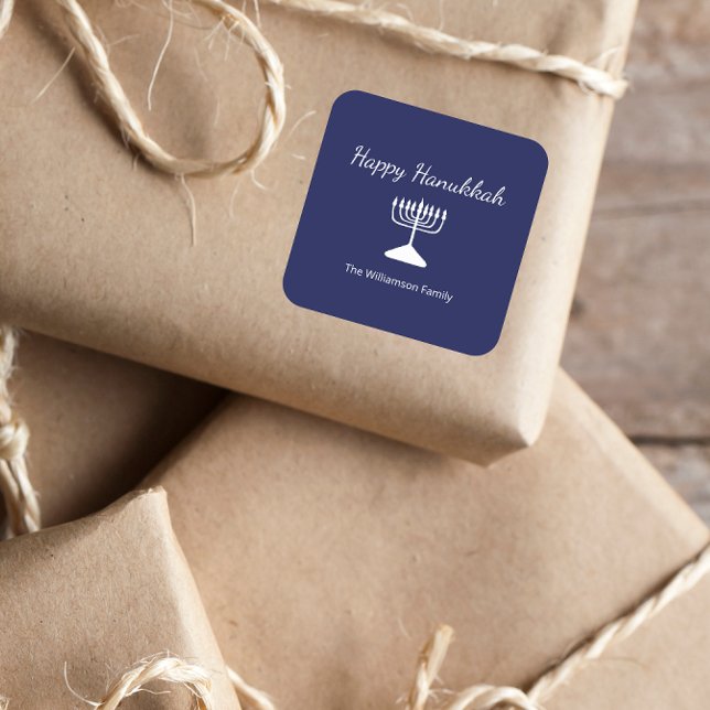 Sticker Carré Joyeux Hanoukka Menorah bleu simple (Créateur téléchargé)