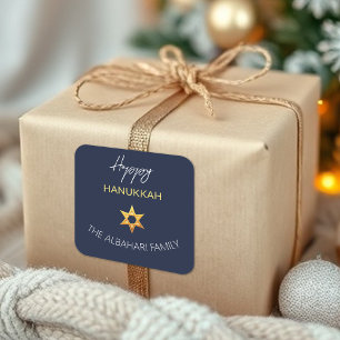 Sticker Carré Joyeux Hanukkah élégant étoile de David dorée