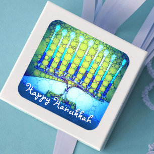 Sticker Carré Joyeux Hanukkah Menorah Turquoise Bleu Vert Artist