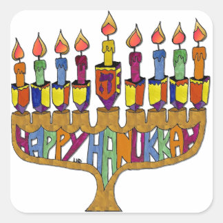Sticker Carré Joyeux Hanukkah Toupies Menorah
