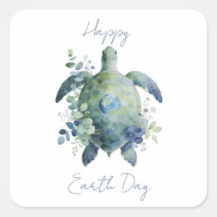 Sticker Carré Joyeux Jour de la Terre Dessin Tortue