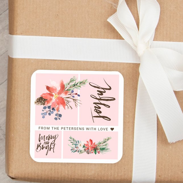 Sticker Carré Joyeux Joyeux et aquarelle brillante Noël floral (Créateur téléchargé)