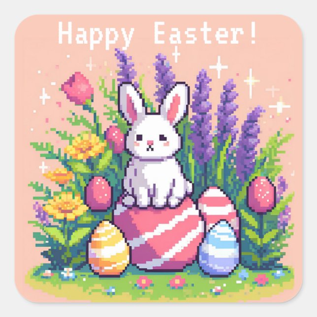 Sticker Carré Joyeux lapin de Pâques 8 bits art pixel (Devant)