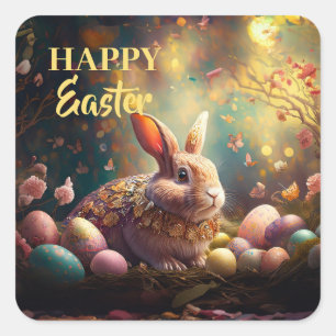 Sticker Carré Joyeux lapin de Pâques avec oeufs de Pâques