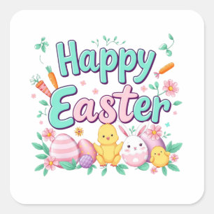 Sticker Carré Joyeux lapin de Pâques Printemps Oeuf de Pâques Pâ