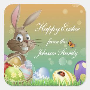 Sticker Carré Joyeux lapin lapin de Pâques avec panier