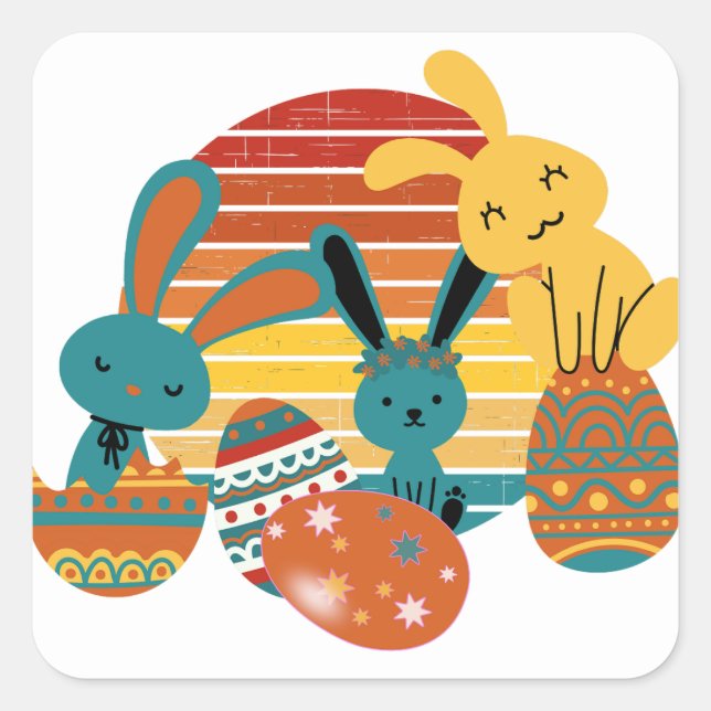 Sticker Carré Joyeux lapin, Oeuf de Pâques, Mignonne (Devant)