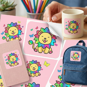 Sticker Carré Joyeux lion souriant avec des papillons.