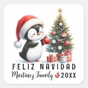 Sticker Carré Joyeux Manchot au Chapeau de Père Noël Feliz Navid