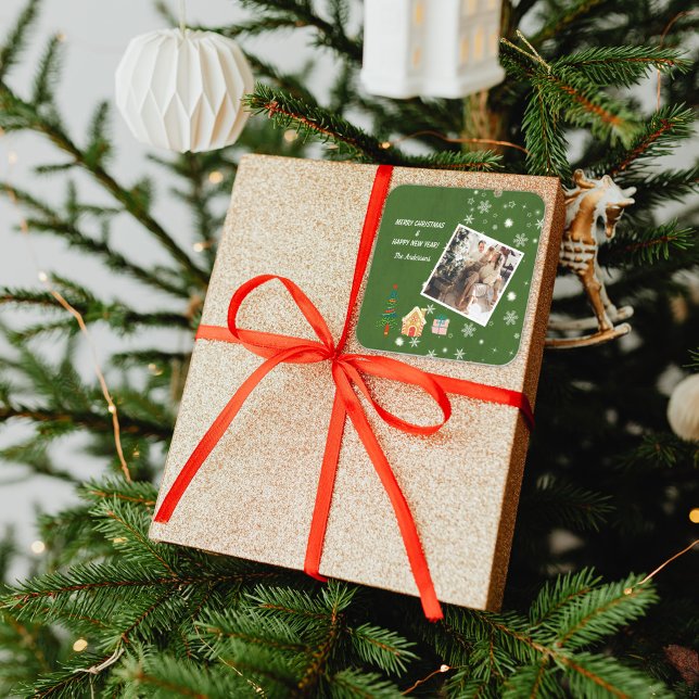 Sticker Carré Joyeux Noël À feuillage persistant Photo de famill (Créateur téléchargé)