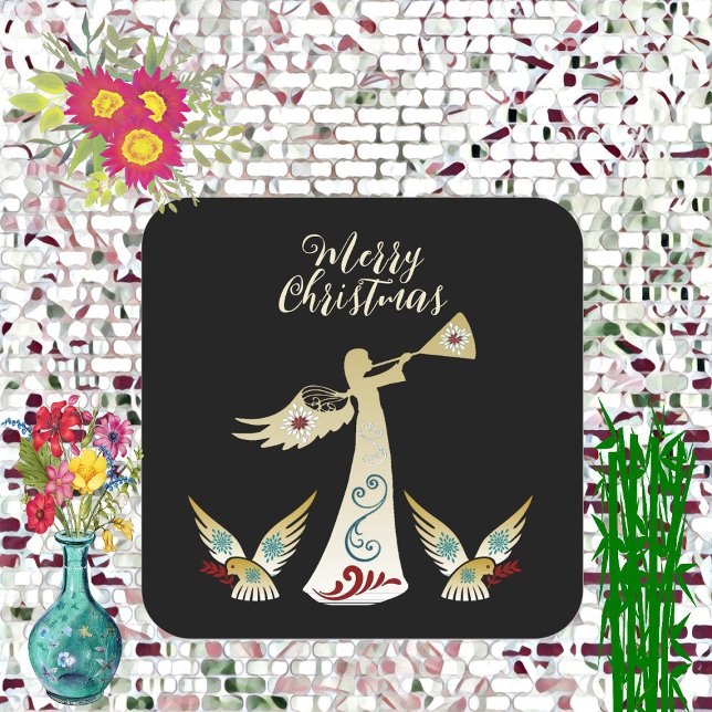 Sticker Carré Joyeux Noël Ange Trompette Or Art Décoratif (Merry Christmas Angel Gold Trumpet Decorative Art Square Sticker)