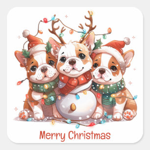 Sticker Carré Joyeux Noël anglais Bulldog Reindeer Père Noël