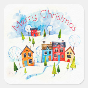 Sticker Carré Joyeux Noël aquarelle canton enneigé