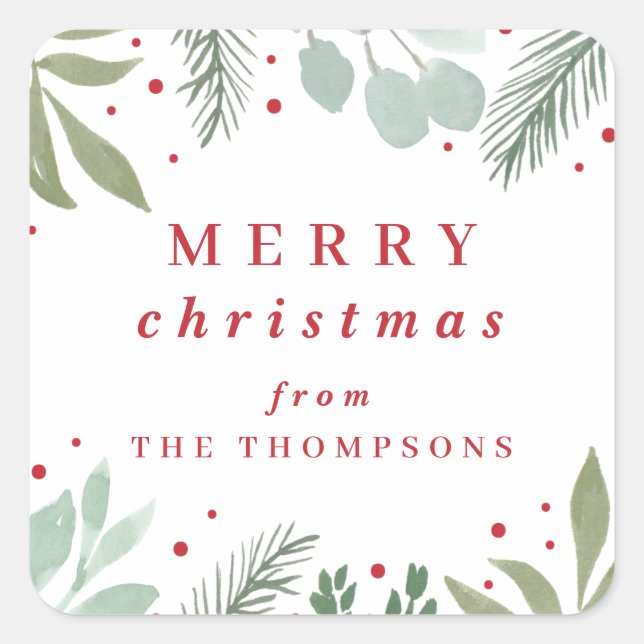 Sticker Carré Joyeux Noël Aquarelle Garland Foliing d'hiver (Devant)