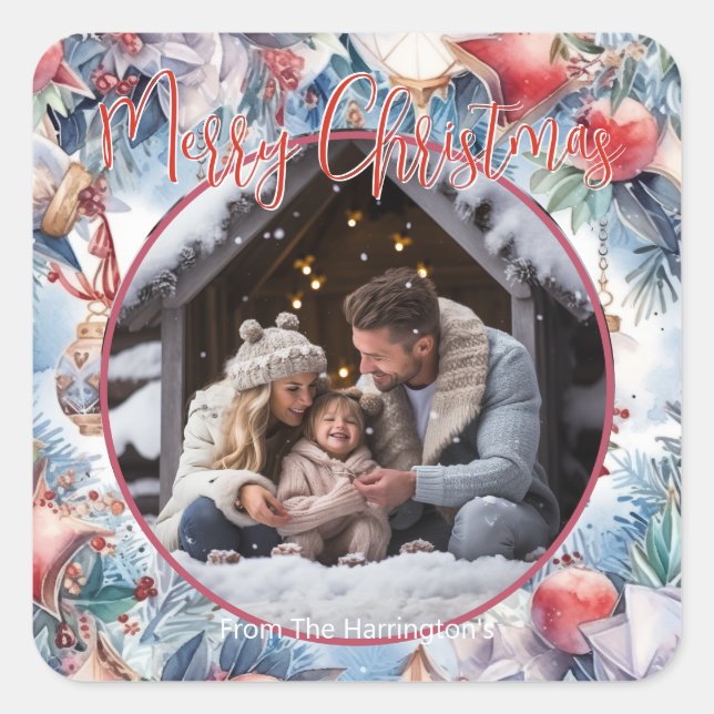 Sticker Carré Joyeux Noël aquarelle photo décorative (Devant)