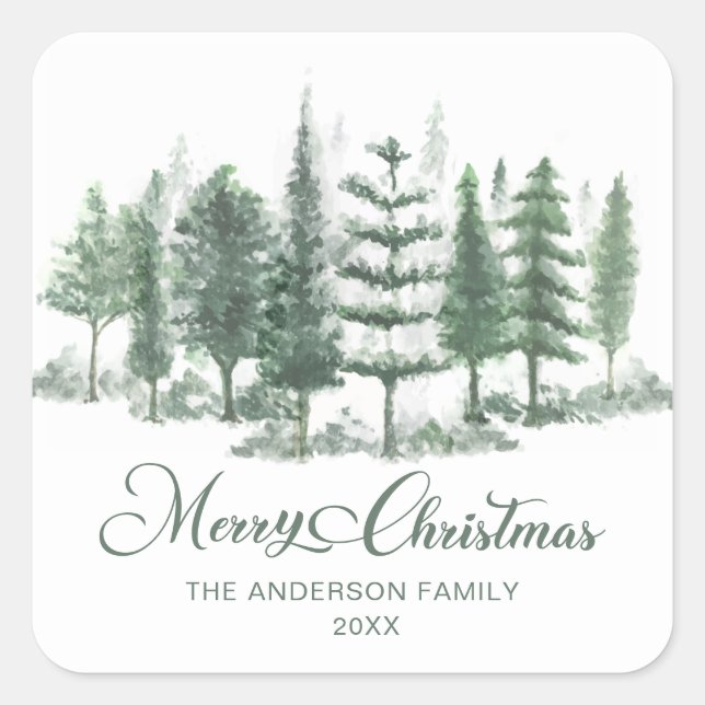 Sticker Carré Joyeux Noël Aquarelle Pine forêt (Devant)